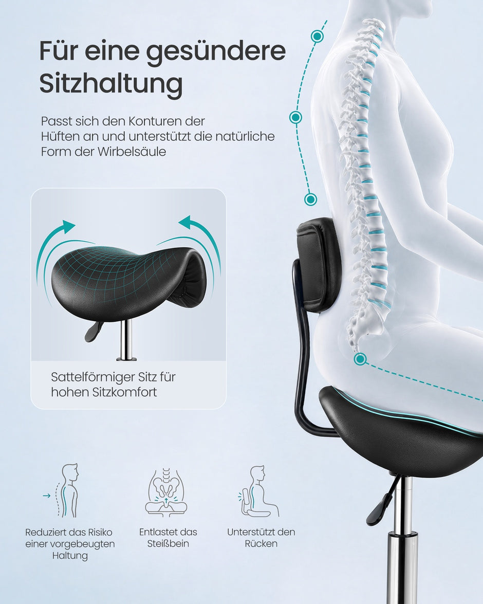 Zadelkruk - Ergonomisch - Op Wielen - 360° Draaibaar - Inktzwart