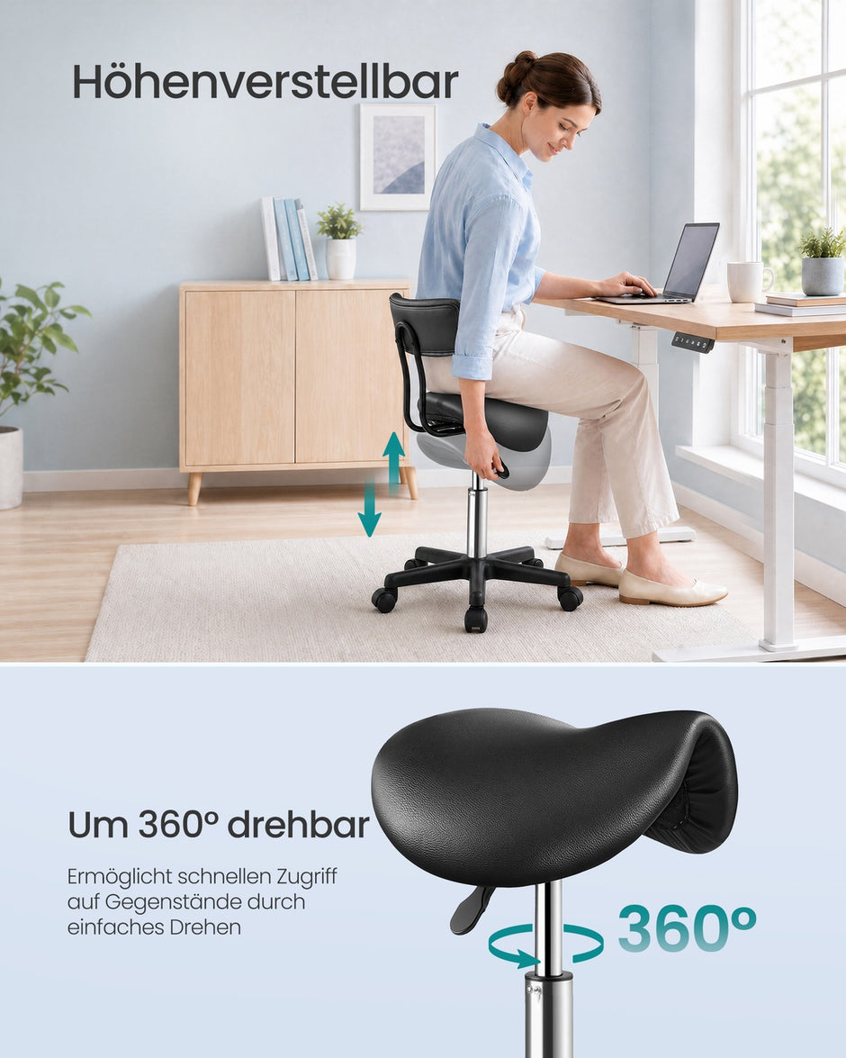 Zadelkruk - Ergonomisch - Op Wielen - 360° Draaibaar - Inktzwart