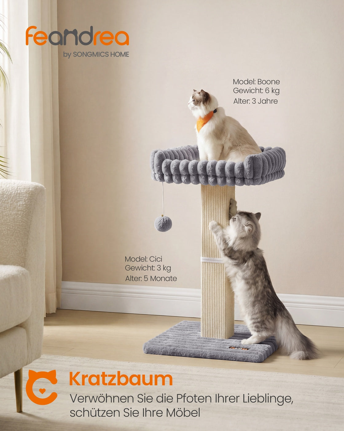 Krabpaal - 71 cm - Sisalpaal - Met Pluche Platform - Lichtgrijs