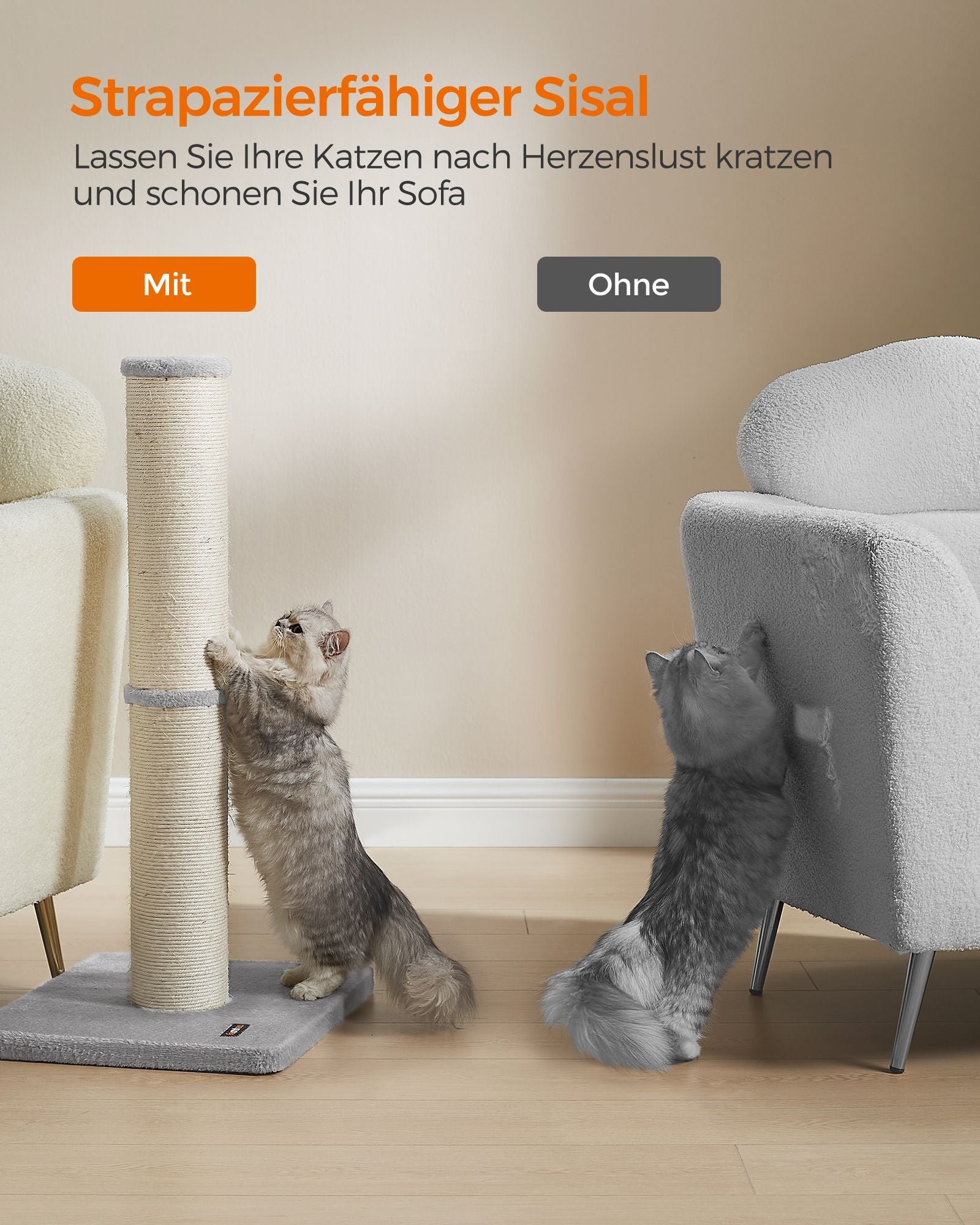 Skrapstolpe 85 cm hög med klocka och plyschboll - Dove Grey