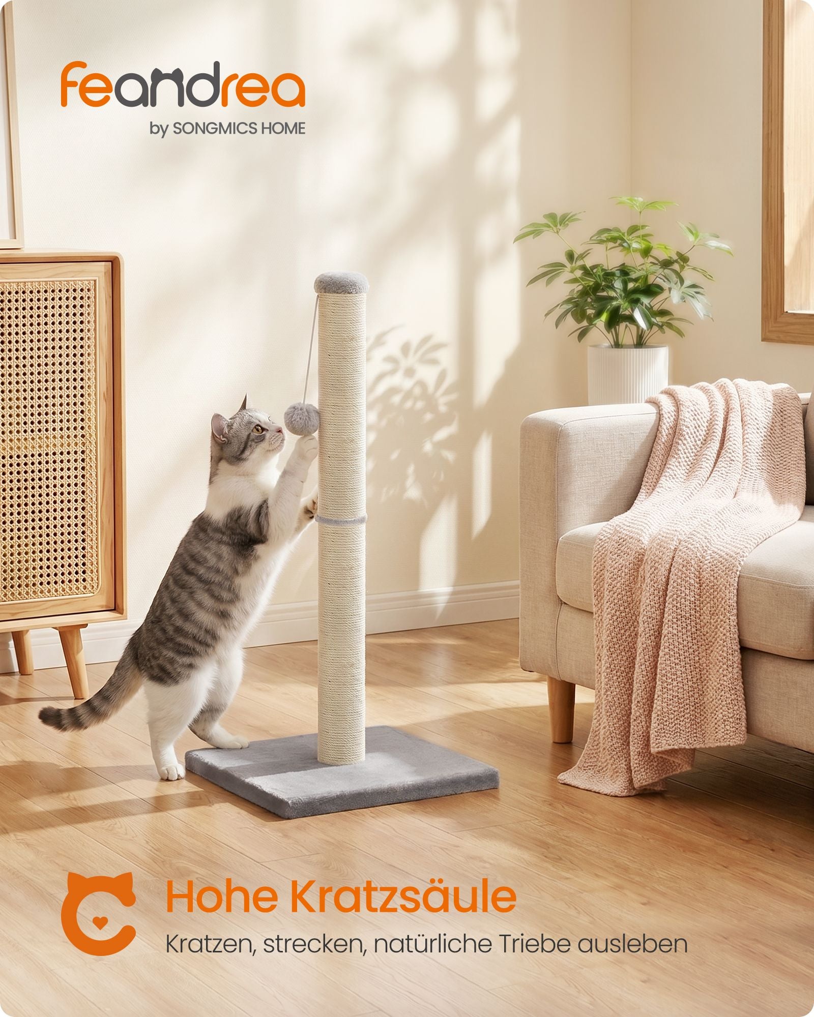 Krabpaal - Kleine Krabpaal met Sisalstam en Pluchebal - Lichtgrijs - 40 x 40 x 84 cm