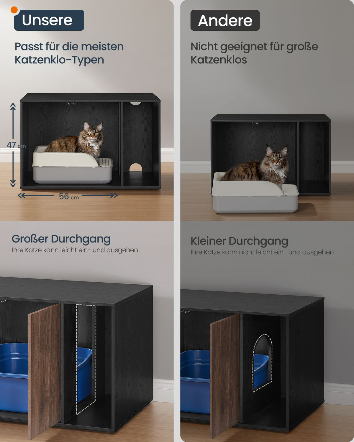 Kattenbakmeubel - Met Push-to-Open Deuren - Voor Grote Katten - Ebbenhoutzwart-donker walnoot - 80 x 50 x 50 cm