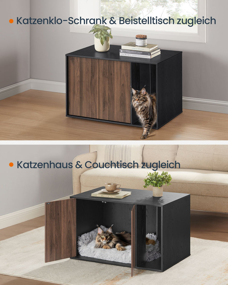 Kattenbakmeubel - Met Push-to-Open Deuren - Voor Grote Katten - Ebbenhoutzwart-donker walnoot - 80 x 50 x 50 cm
