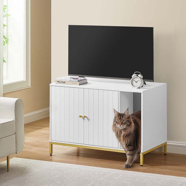 Kattsandskåp med skrapmatta – Platssparande – Vitt och guld