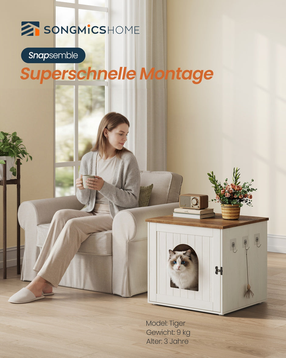 Kattenbakmeubel - 55 x 50 x 50 cm - spaanplaat en MDF - vintage wit-honingbruin - maximaal 50 kg