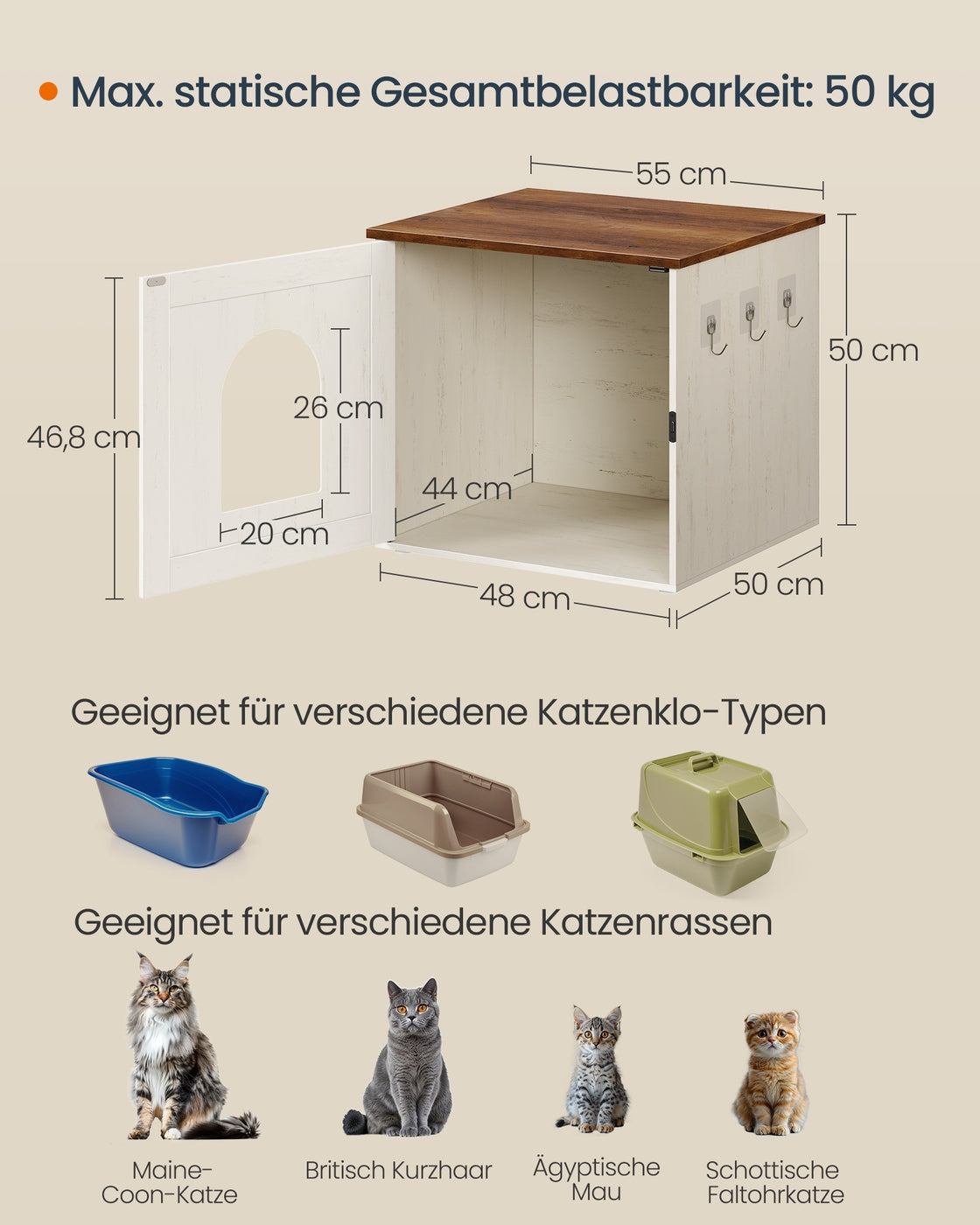 Kattenbakmeubel - 55 x 50 x 50 cm - spaanplaat en MDF - vintage wit-honingbruin - maximaal 50 kg