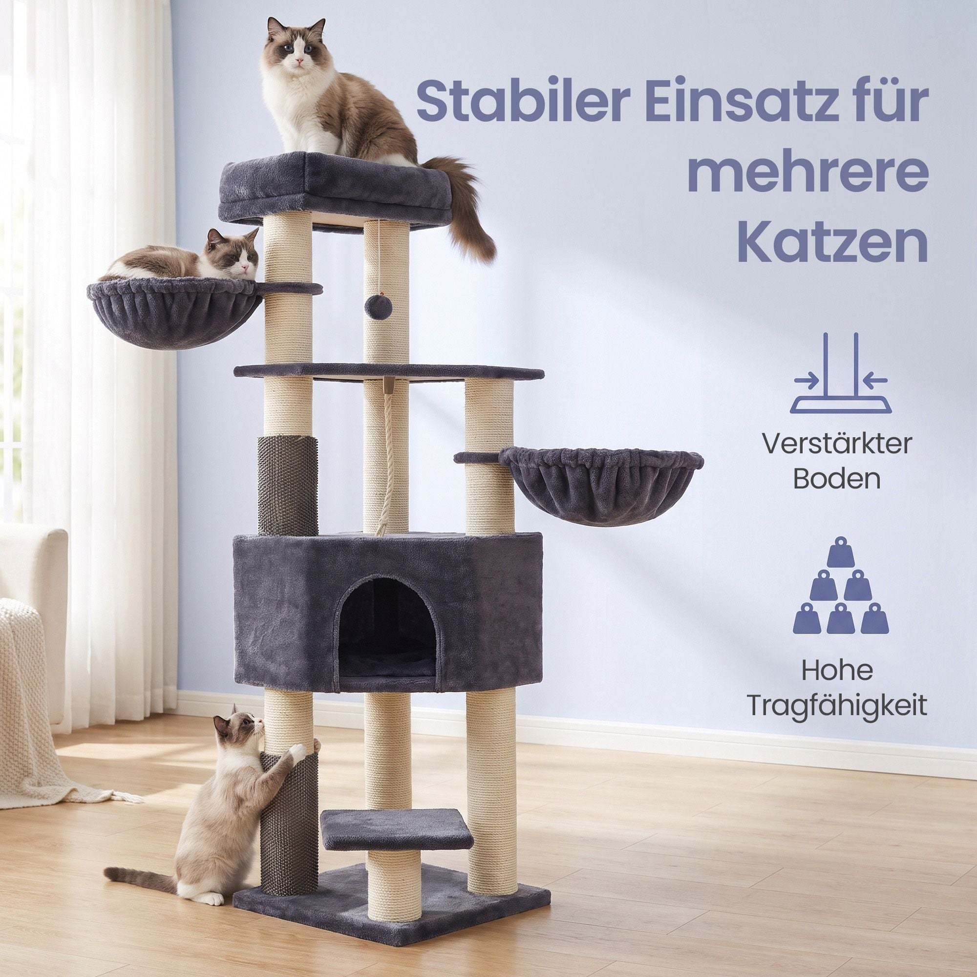 Krabpaal - Met Sisalstammen en Rustplateaus - Voor Grote Katten - Donkergrijs - 50 x 50 x 160 cm