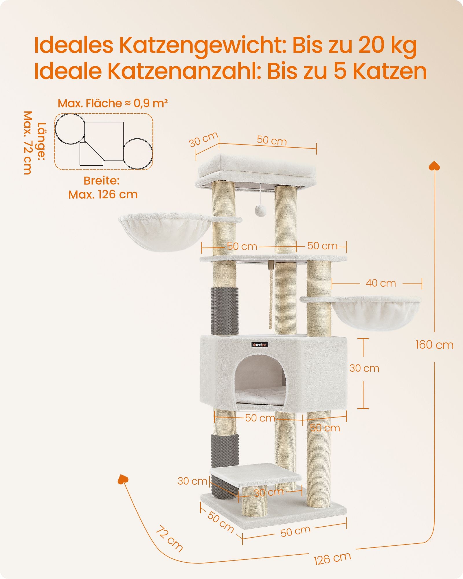 Skrapstolpe med platåer 50 x 50 x 160 cm crème vit beige