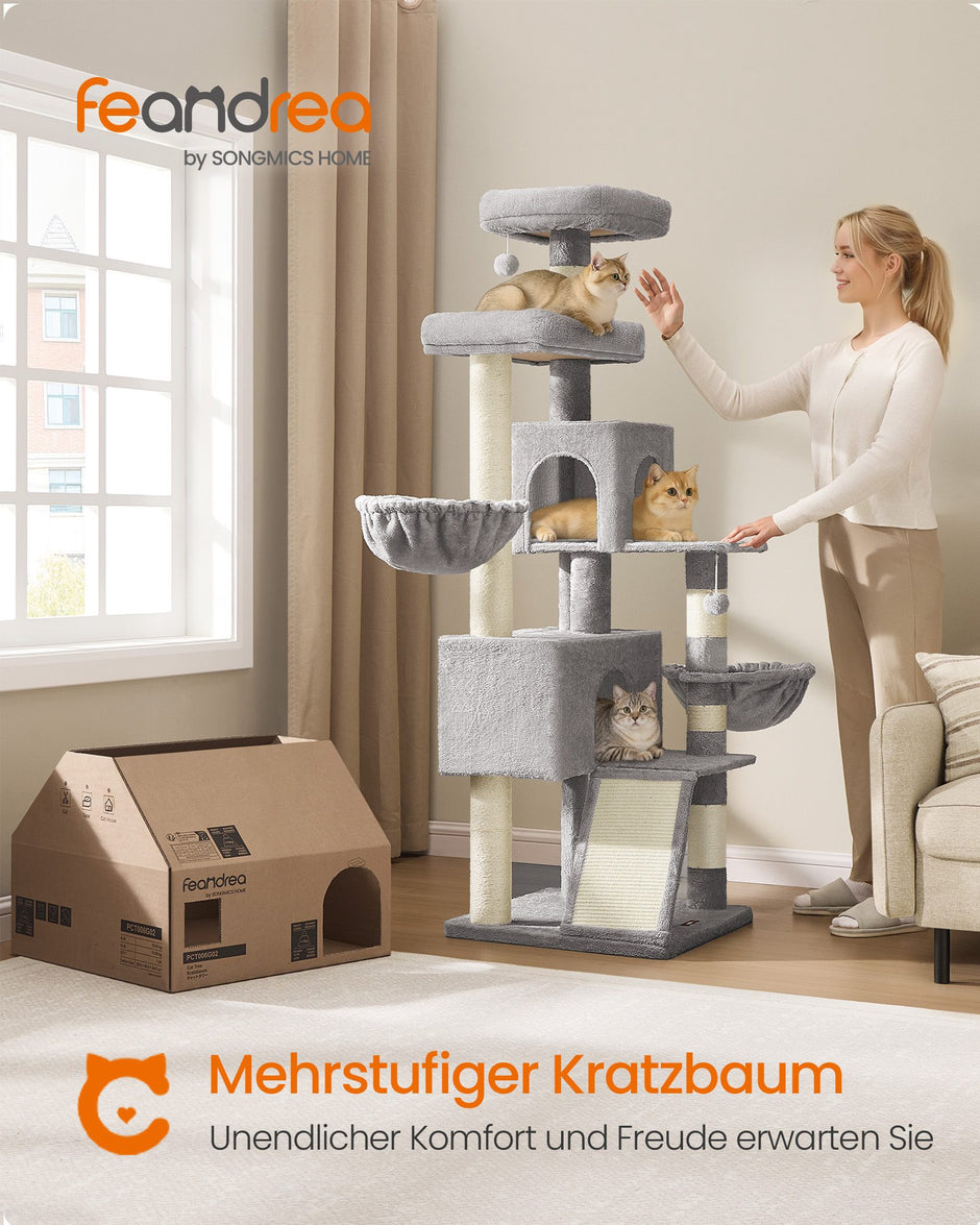Krabpaal - 174 cm - Groot Platform - Dubbele Grot - Duifgrijs