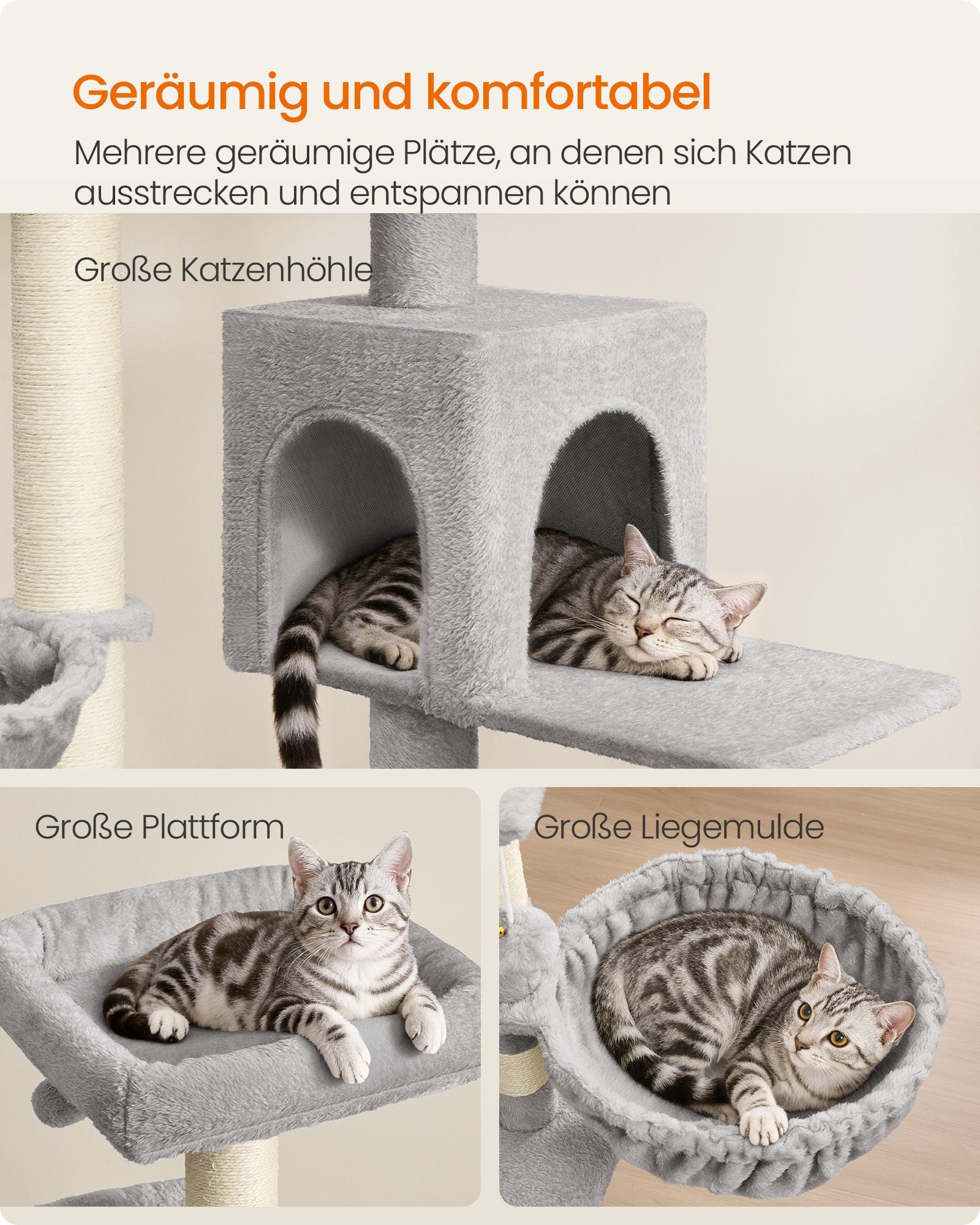 Krabpaal - 174 cm - Groot Platform - Dubbele Grot - Duifgrijs