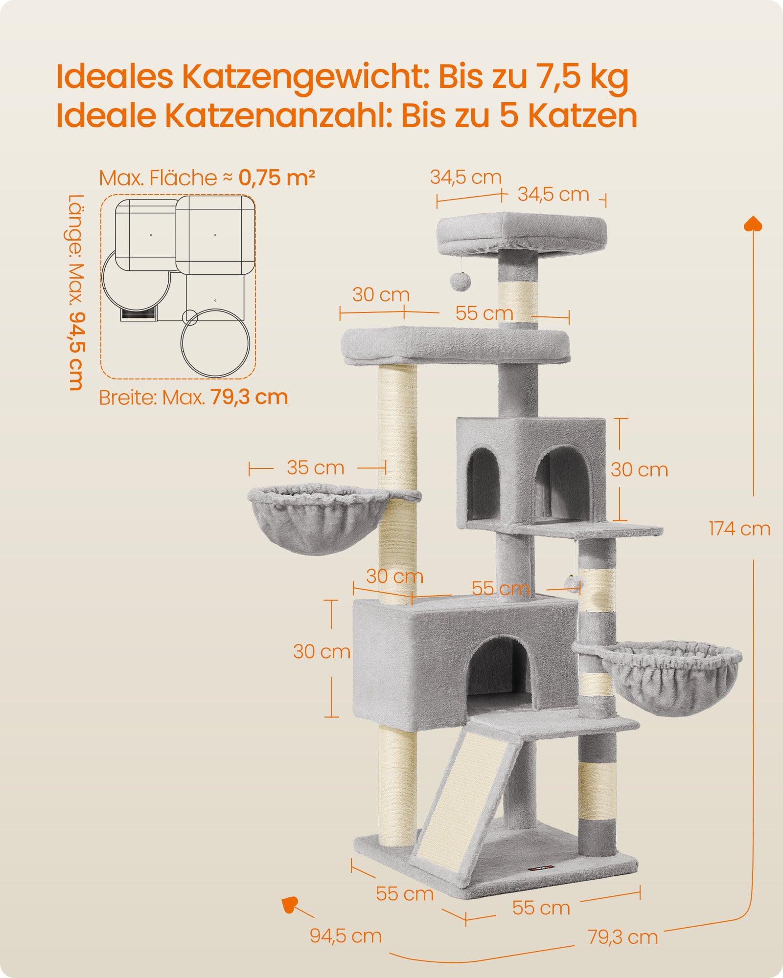 Krabpaal - 174 cm - Groot Platform - Dubbele Grot - Duifgrijs