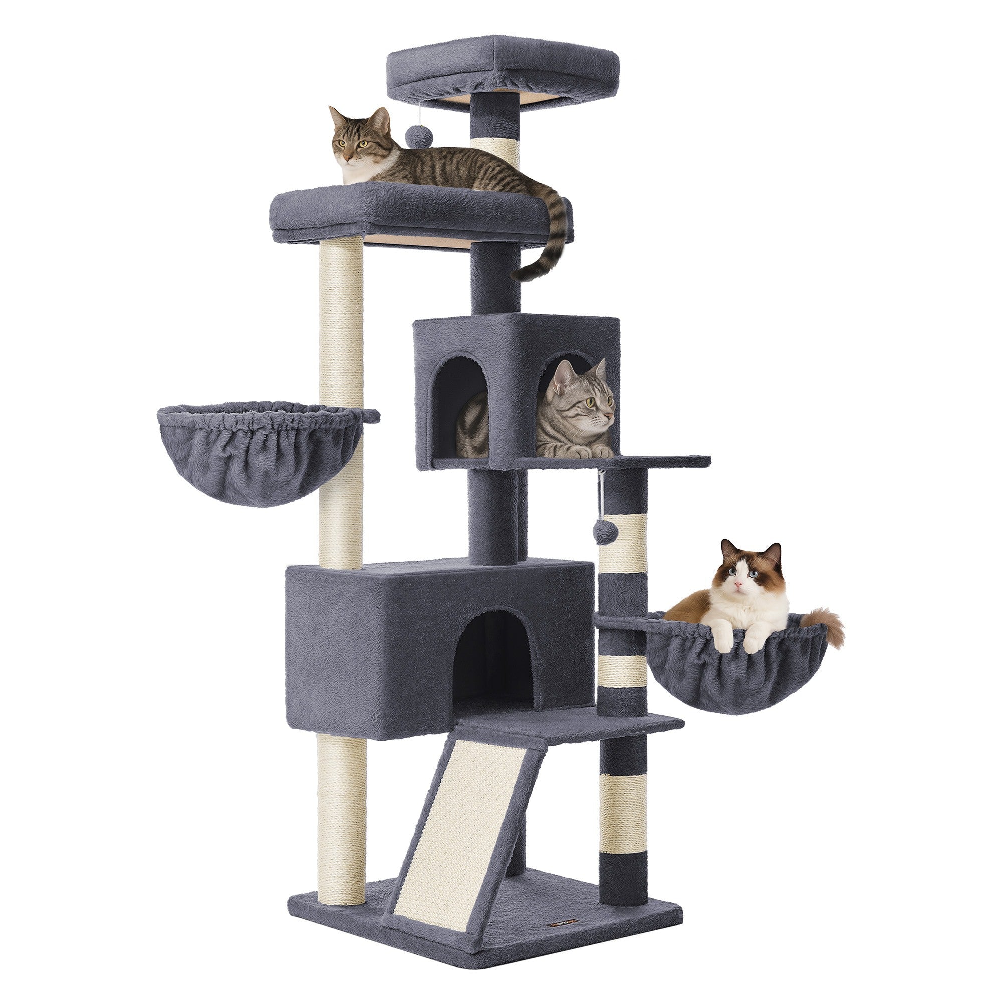Krabpaal 55 x 55 x 174 cm - Groot platform - Dubbele grot - Donkergrijs - 19,4 kg maximum capaciteit