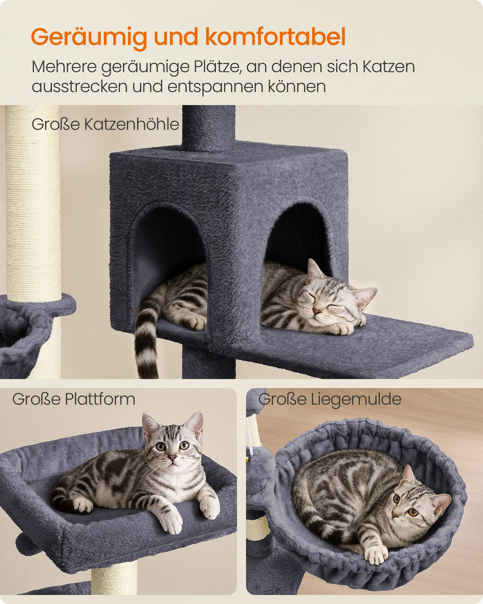 Krabpaal 55 x 55 x 174 cm - Groot platform - Dubbele grot - Donkergrijs - 19,4 kg maximum capaciteit