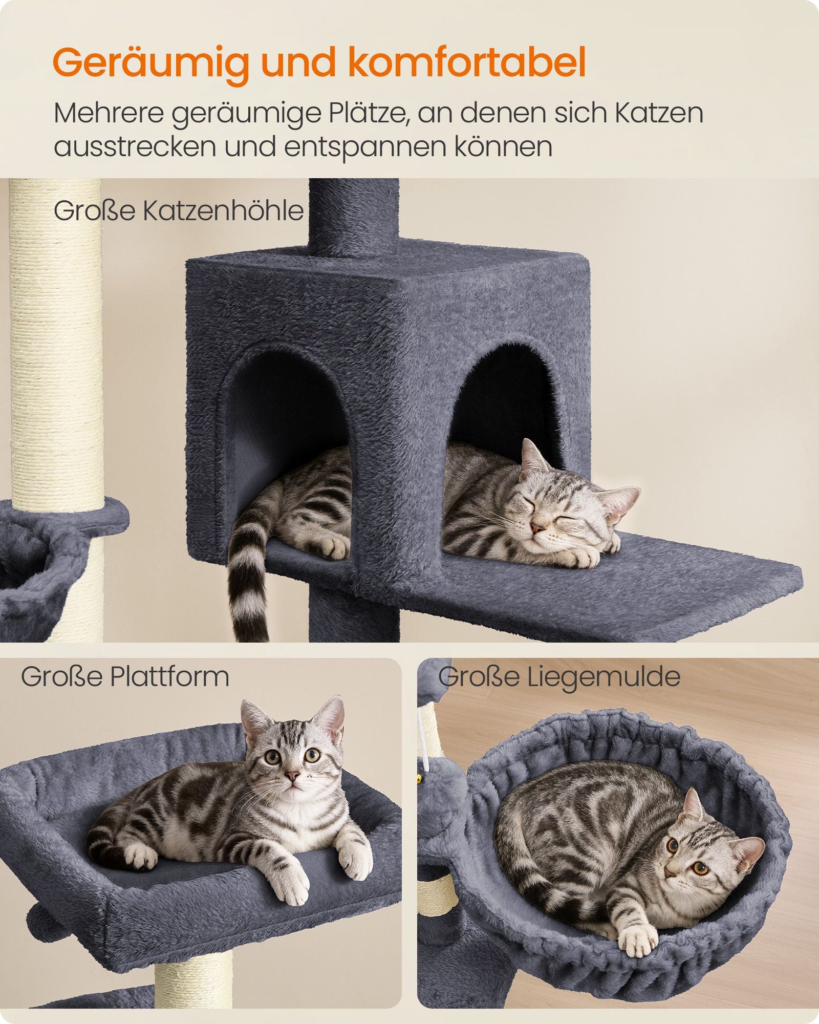 Krabpaal - 174 cm - Groot Platform - Dubbele Grot - Donkergrijs