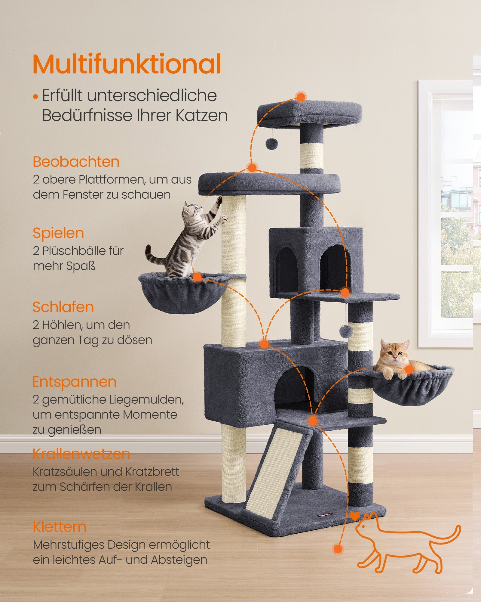 Krabpaal - 174 cm - Groot Platform - Dubbele Grot - Donkergrijs