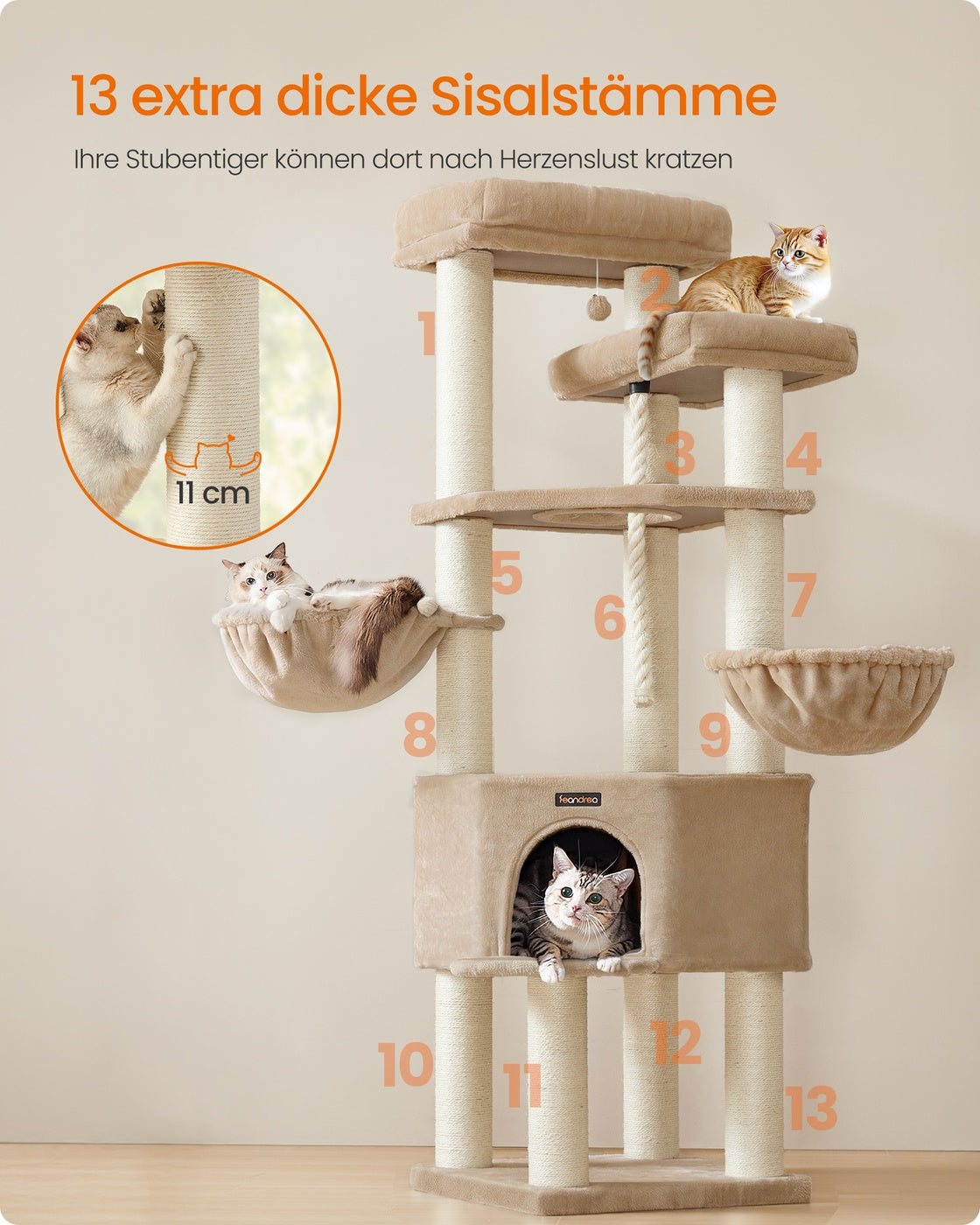 Grote Kattenboom – Meerdere Verdiepingen – Sisalstammen van 11 cm – 186,7 cm Hoog – Kameelbruin