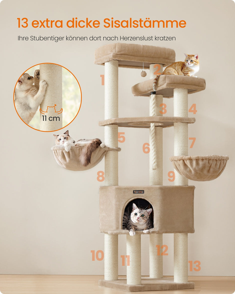 Grote Kattenboom – Meerdere Verdiepingen – Sisalstammen van 11 cm – 186,7 cm Hoog – Kameelbruin