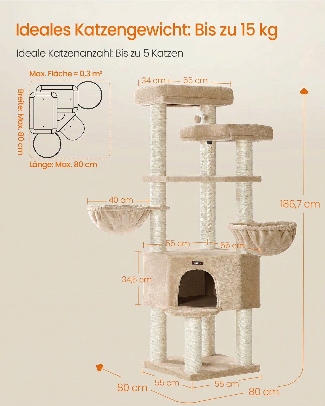 Grote Kattenboom – Meerdere Verdiepingen – Sisalstammen van 11 cm – 186,7 cm Hoog – Kameelbruin