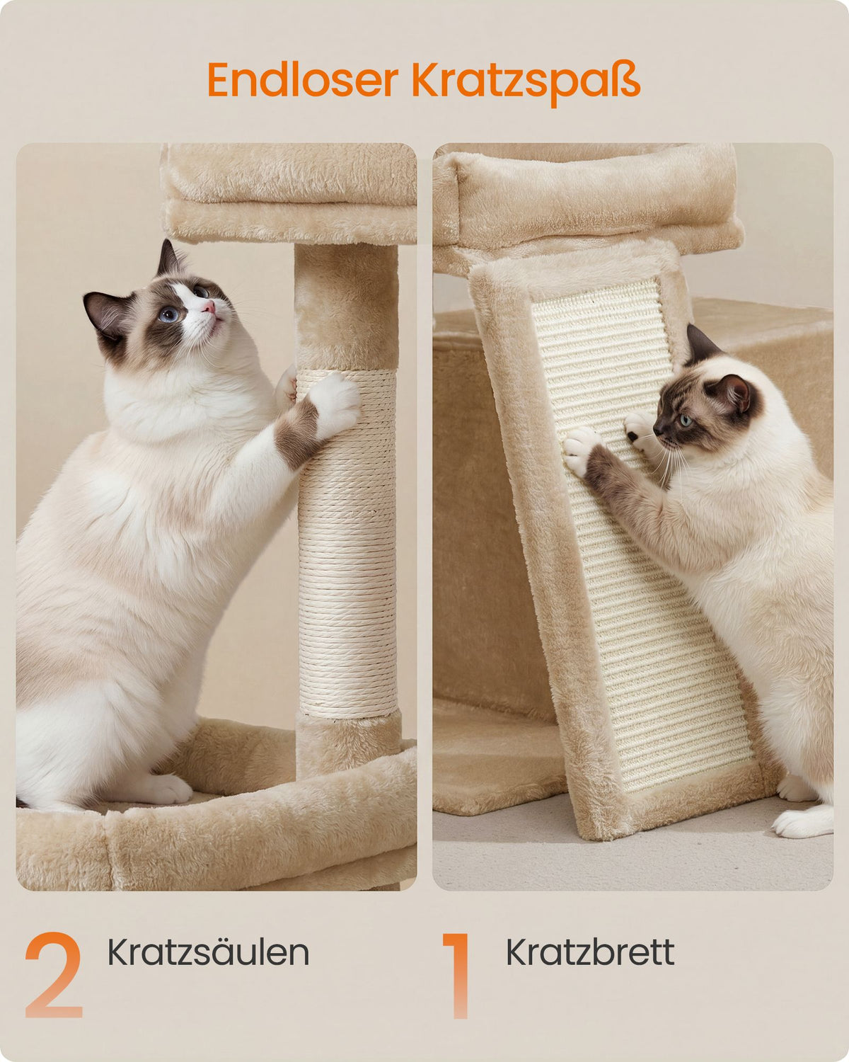 Krabpaal – Met Krabplank en Kattenhol – Pluche en Sisal – 86 cm – Licht Kameelbruin