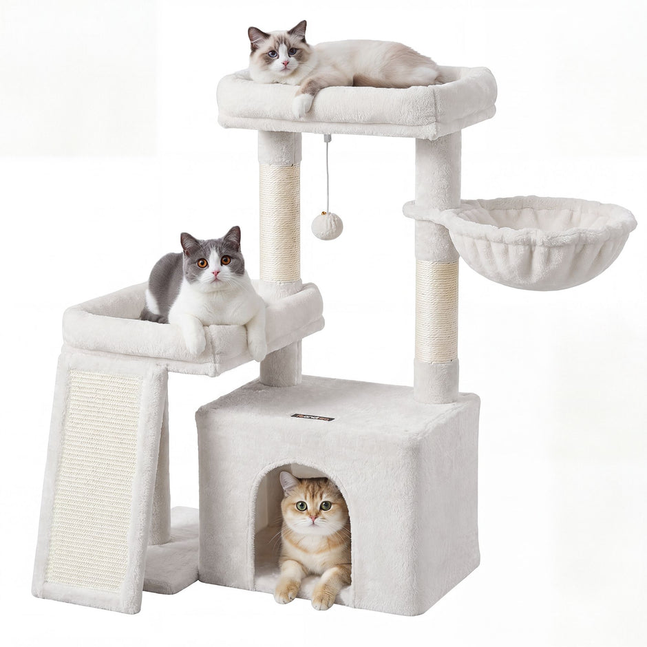 Krabpaal – Met Krabplank en Kattenhol – Pluche en Sisal – 86 cm – Crèmewit