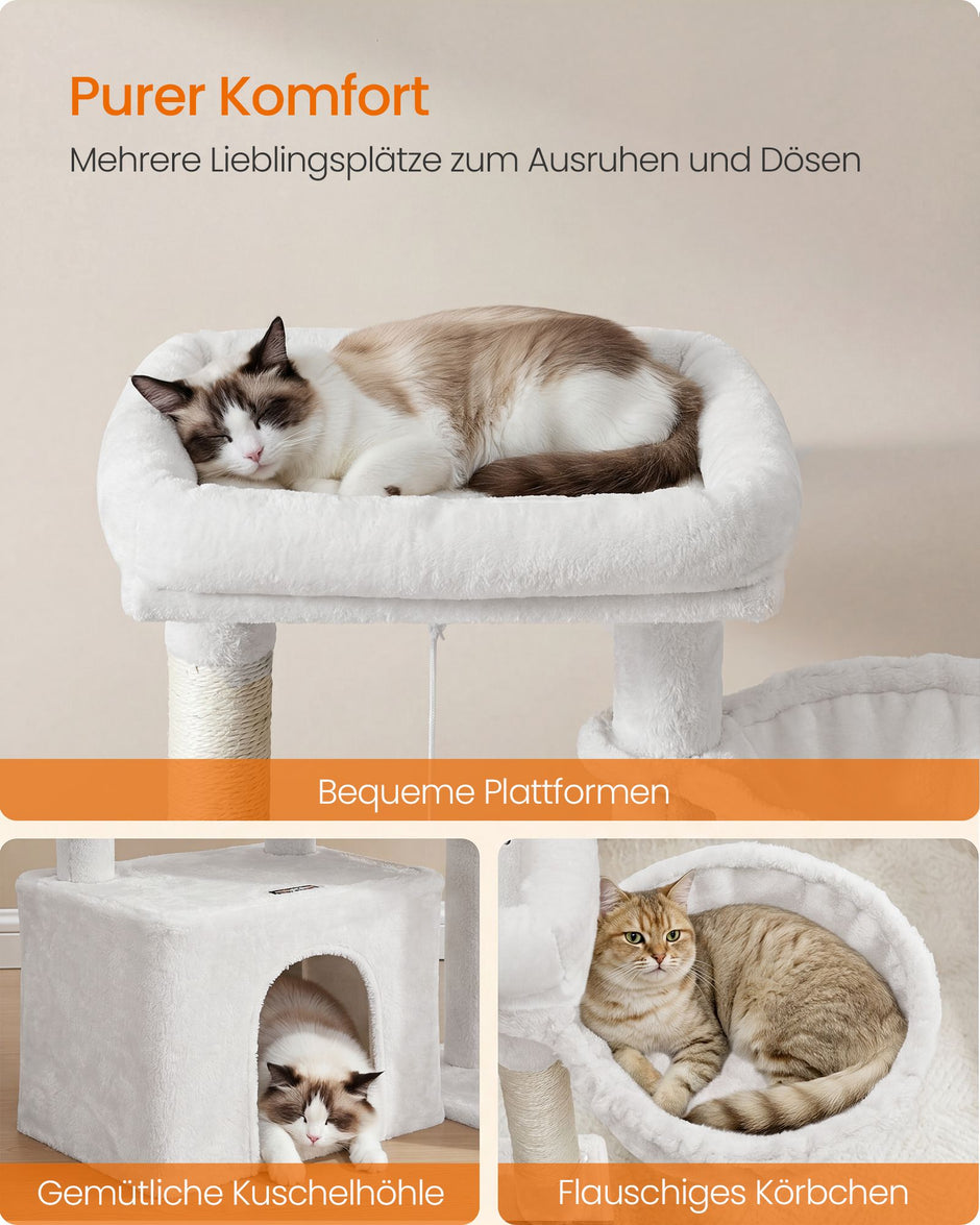 Krabpaal – Met Krabplank en Kattenhol – Pluche en Sisal – 86 cm – Crèmewit