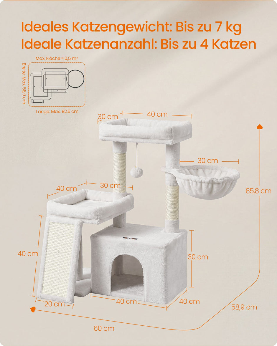 Krabpaal – Met Krabplank en Kattenhol – Pluche en Sisal – 86 cm – Crèmewit