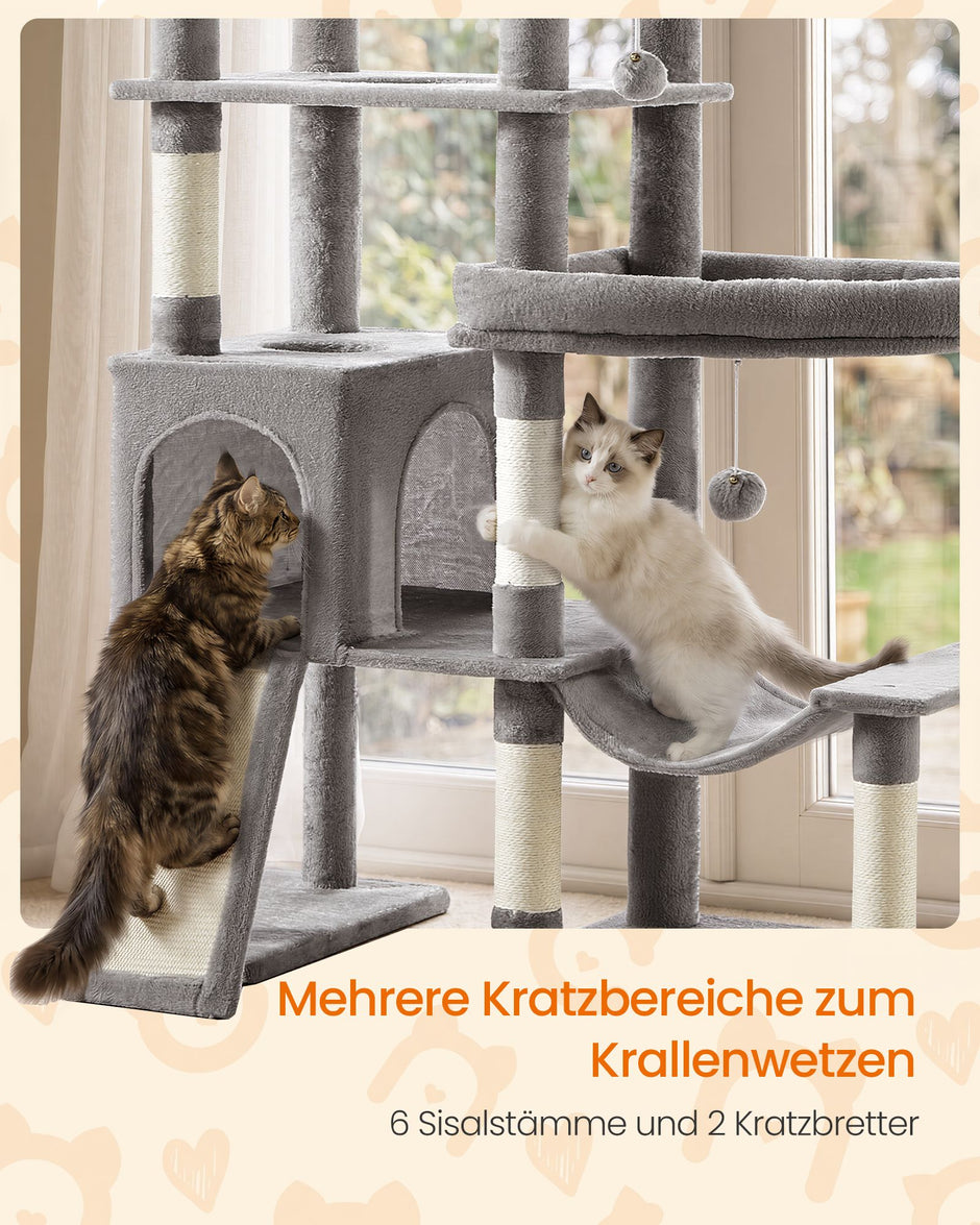 Krabpaal - Met Sisalstammen en Rustplateaus - Voor Grote Katten - Lichtgrijs - 105 x 45 x 202 cm