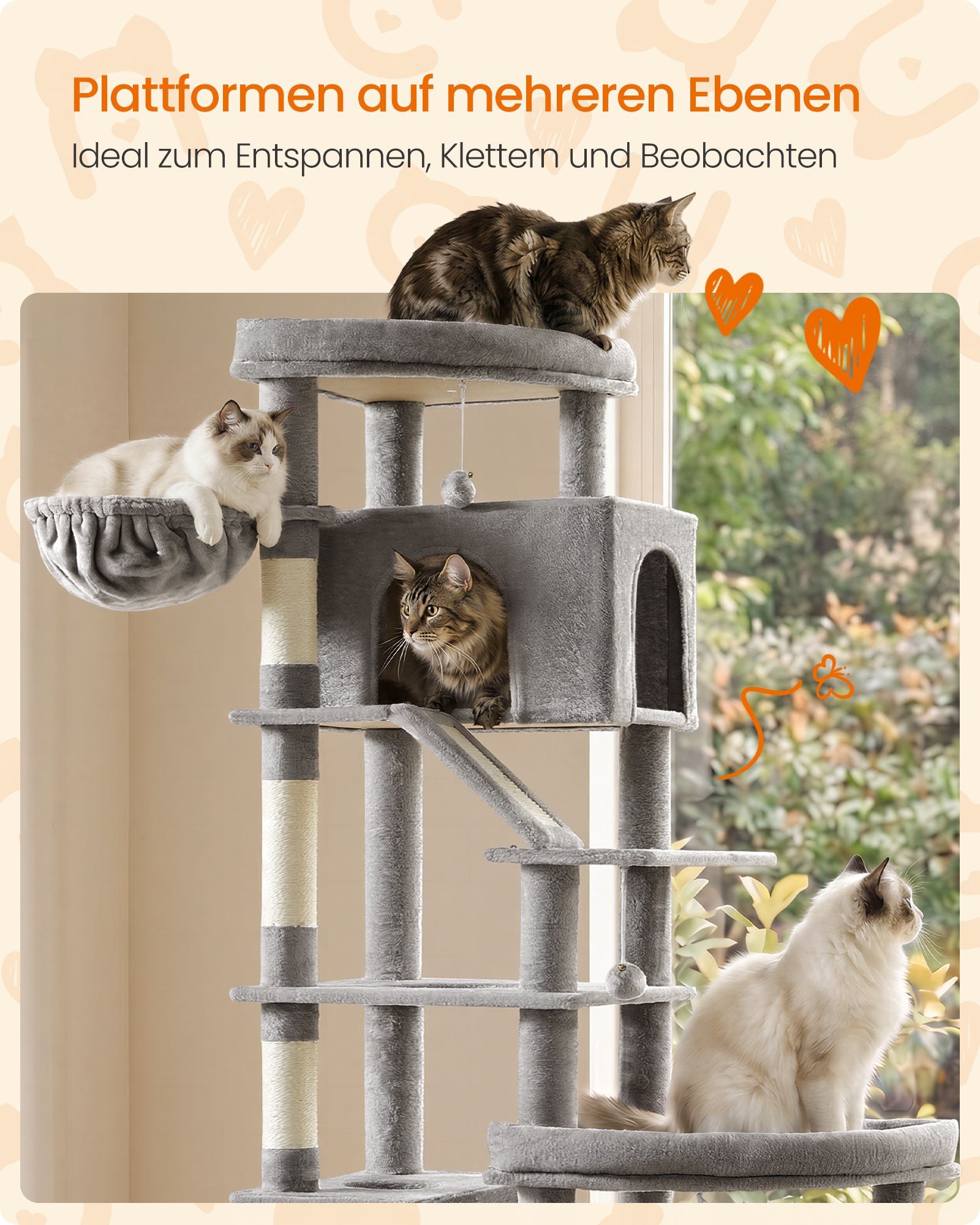 Krabpaal - Met Sisalstammen en Rustplateaus - Voor Grote Katten - Lichtgrijs - 105 x 45 x 202 cm