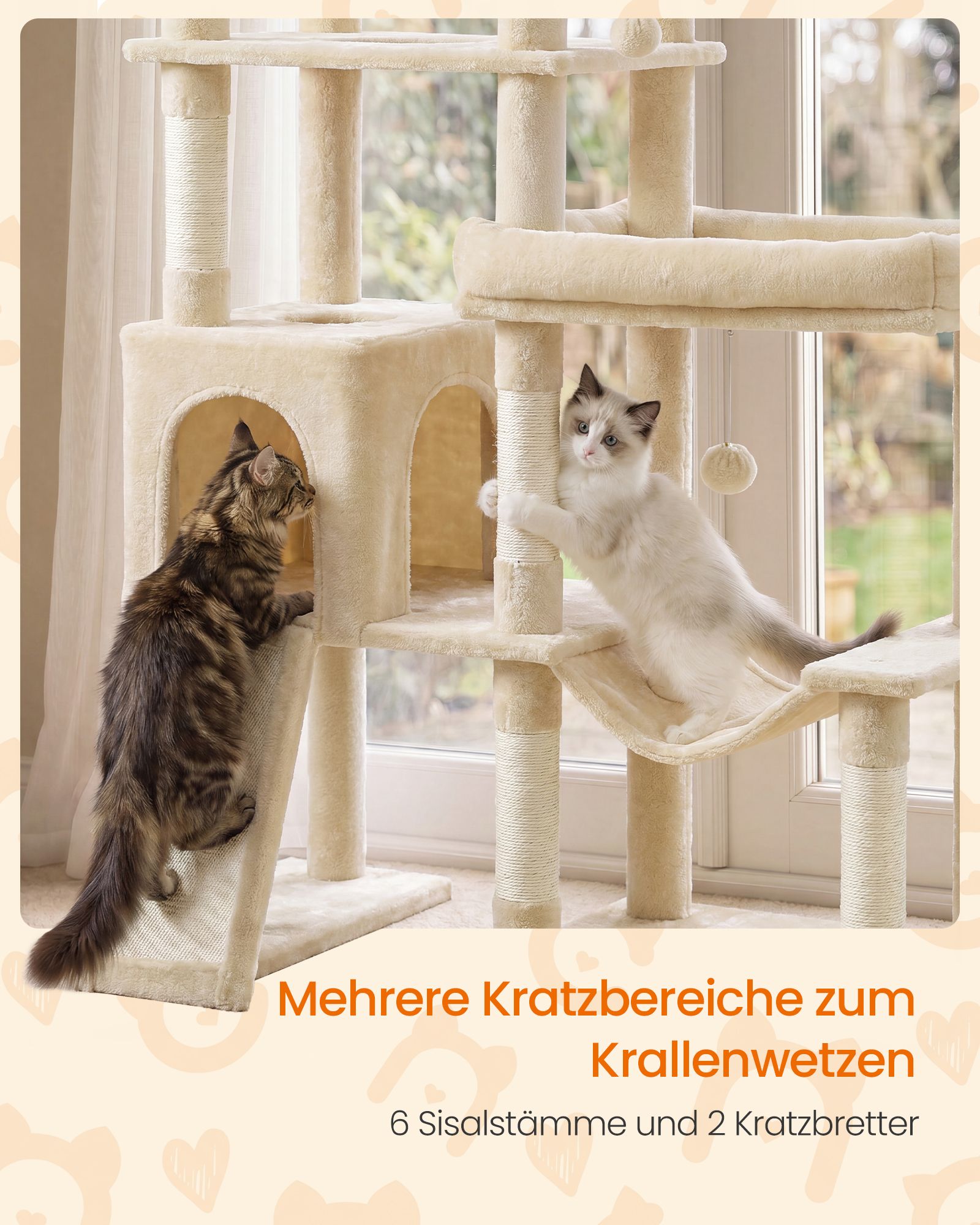 Krabpaal - Met Sisalstammen en Rustplateaus - Voor Grote Katten - Beige - 105 x 45 x 202 cm