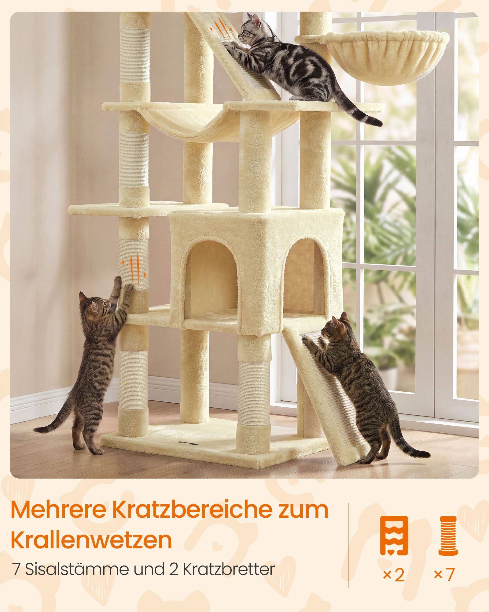 Krabpaal - Met Sisalstammen en Rustplateaus - Voor Grote Katten - Beige - 55 x 45 x 206 cm