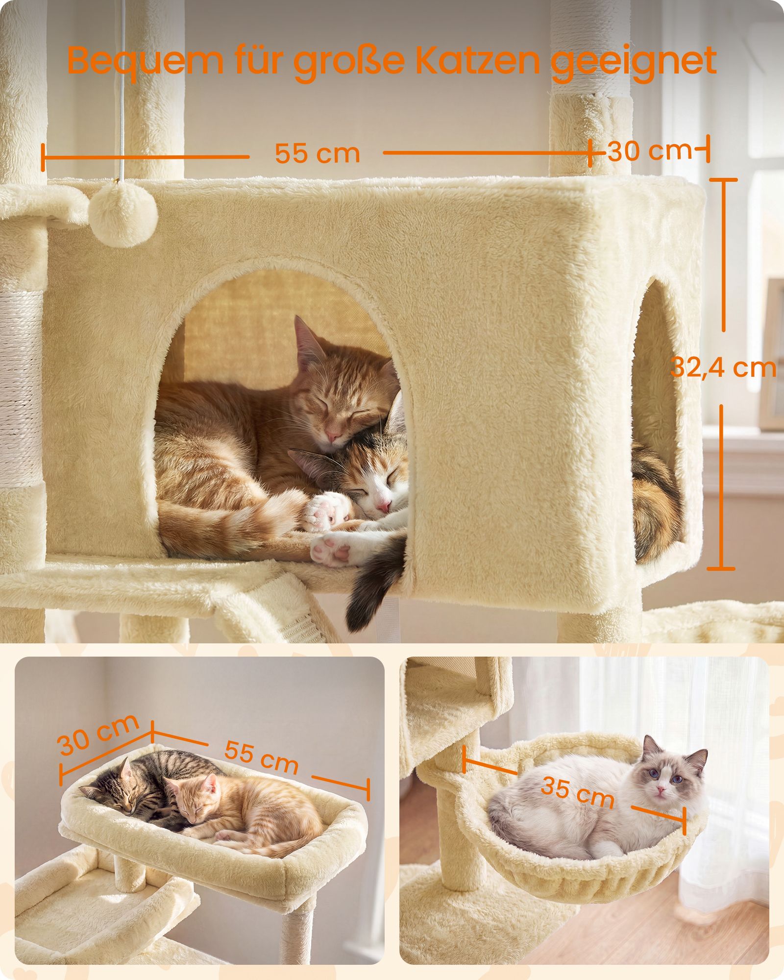 Krabpaal - Met Sisalstammen en Rustplateaus - Voor Grote Katten - Beige - 55 x 45 x 206 cm