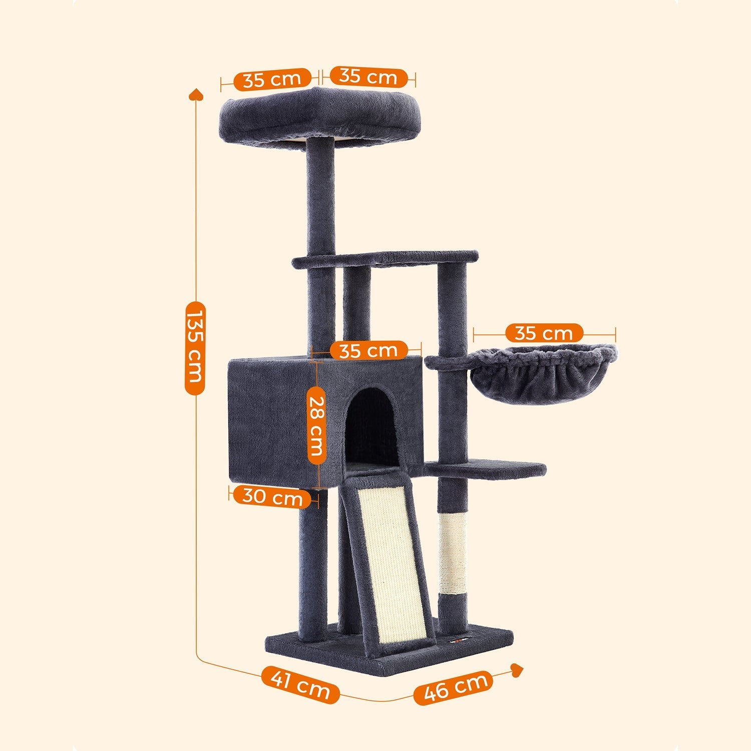 Scratching Post - Cat Sleeping Place - 135 cm - Med gräsmatta och plattform - Dark Grey