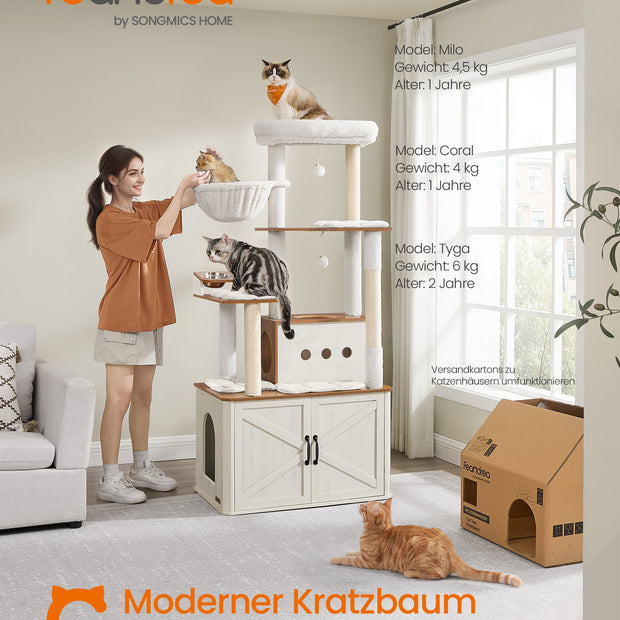Krabpaal - 170 cm - Met Grot en Hangmat - Sisalpalen - Honingbruin-Vintage Wit