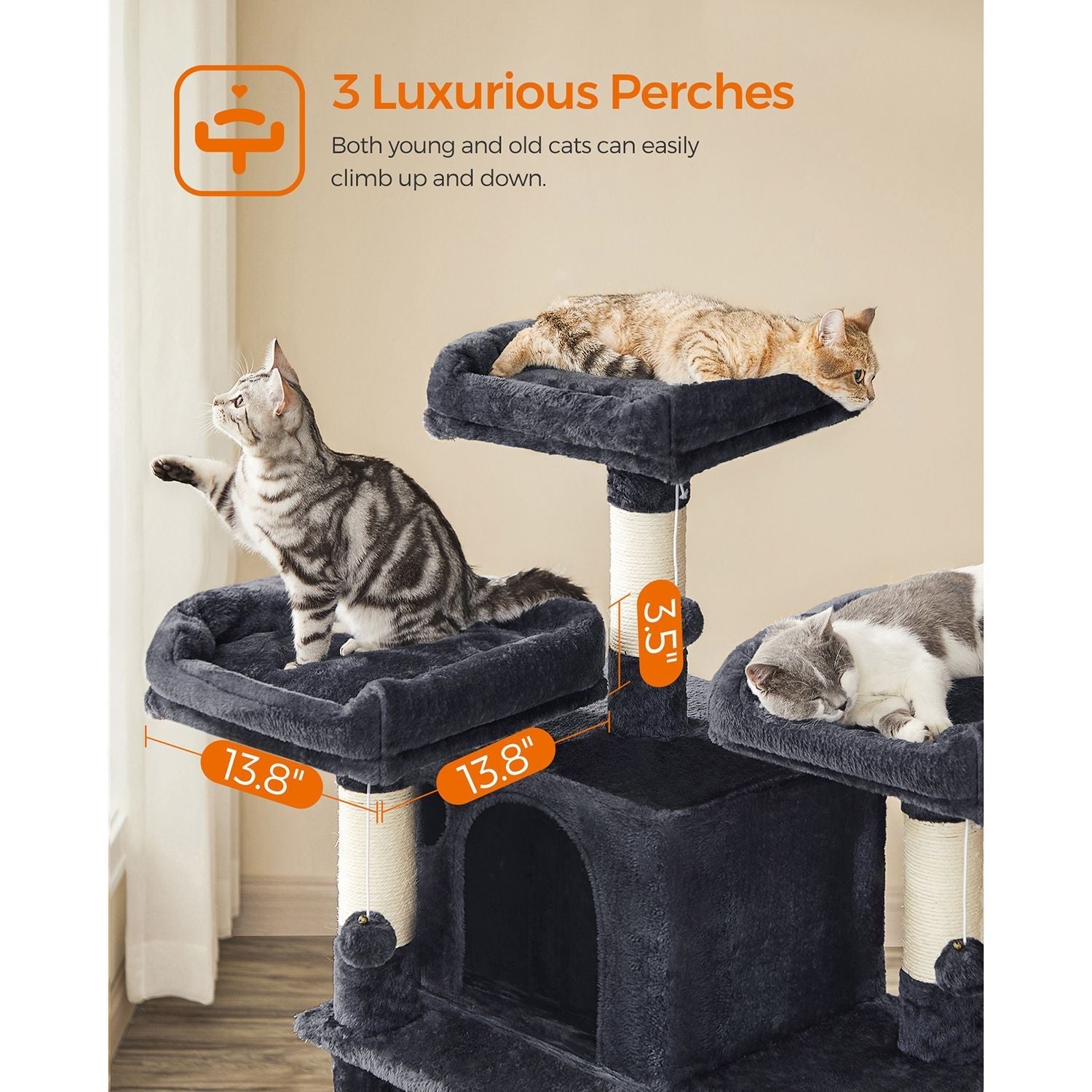 Scratching Post XXL - 3 plattformar och 2 grottor - 172 cm - rökgrå