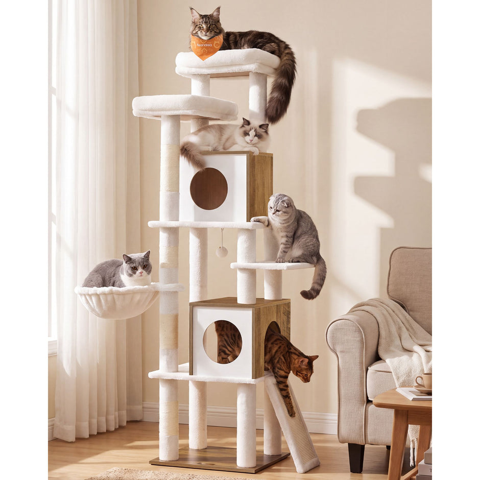 Kattenboom – 6 Niveaus – 2 Kattenholen – Sisalstam – Houtlook – 172 cm – Honingbruin