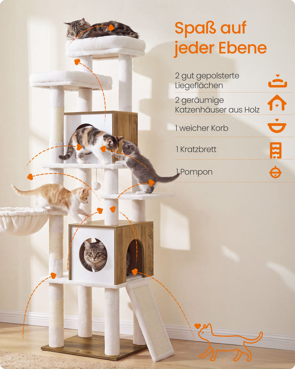 Kattenboom – 6 Niveaus – 2 Kattenholen – Sisalstam – Houtlook – 172 cm – Honingbruin