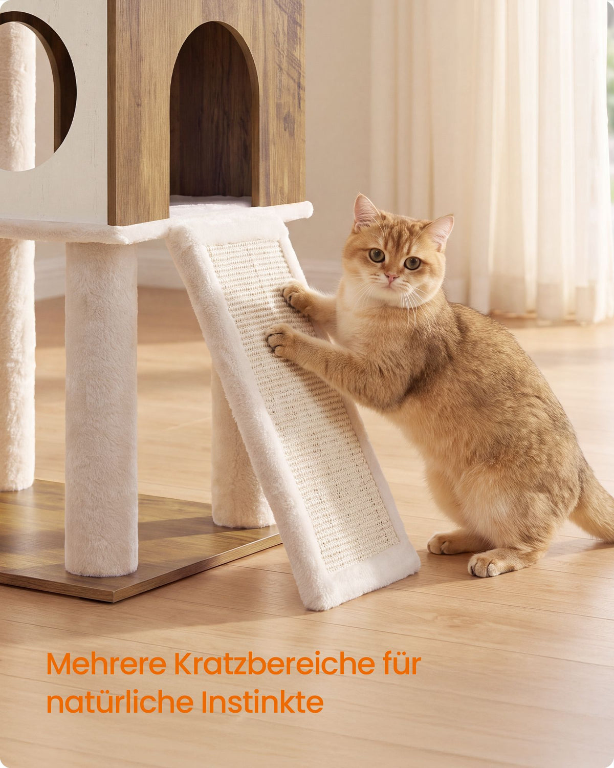 Kattenboom – 6 Niveaus – 2 Kattenholen – Sisalstam – Houtlook – 172 cm – Honingbruin