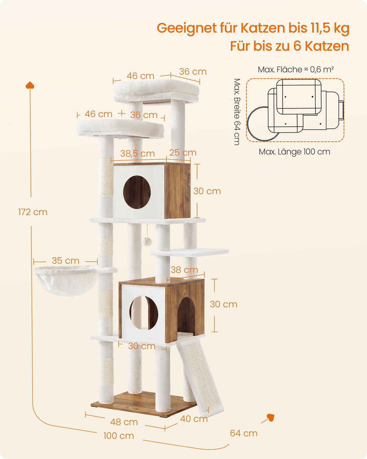 Kattenboom – 6 Niveaus – 2 Kattenholen – Sisalstam – Houtlook – 172 cm – Honingbruin