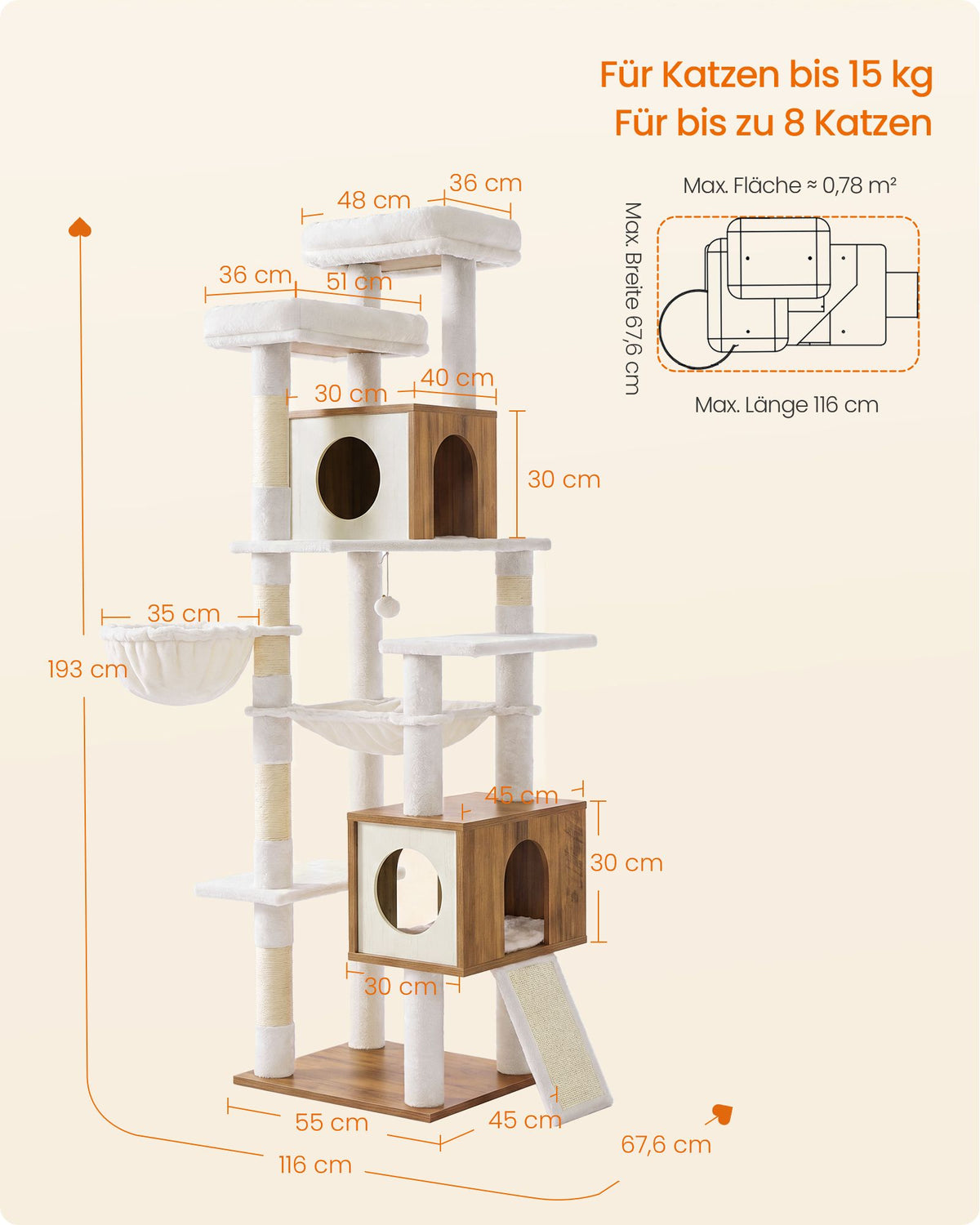 Kattenboom XXL – 193 cm – 8 Niveaus – Kattenhuis en Hol – Sisalstam – Honingbruin en Vintage Wit