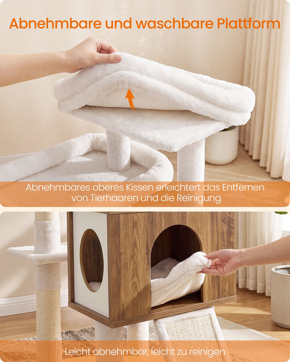 Kattenboom XXL – 193 cm – 8 Niveaus – Kattenhuis en Hol – Sisalstam – Honingbruin en Vintage Wit