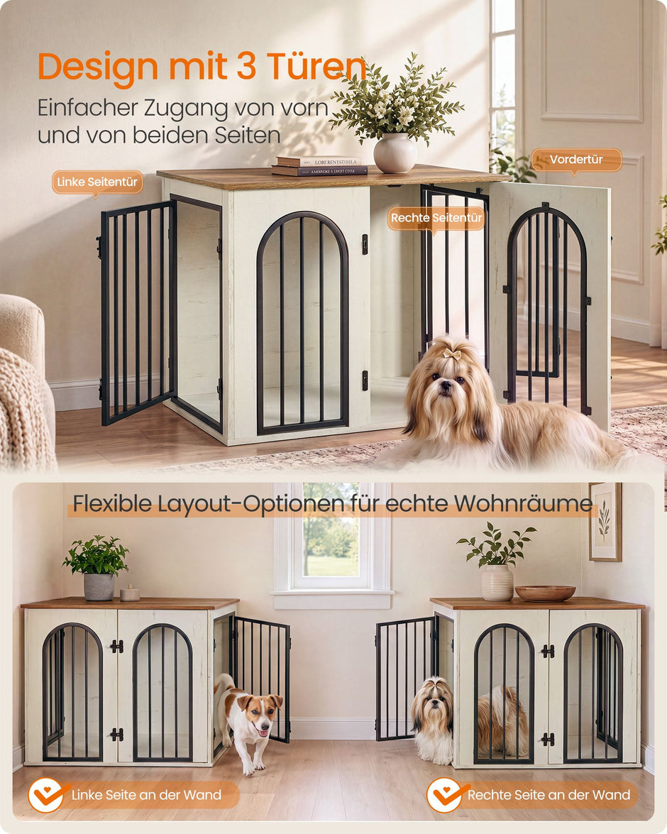 Hondenbench Meubel – 3 Deuren – Ook als Bijzettafel – 68 x 50 x 58 cm – Honingbruin en Vintage Wit