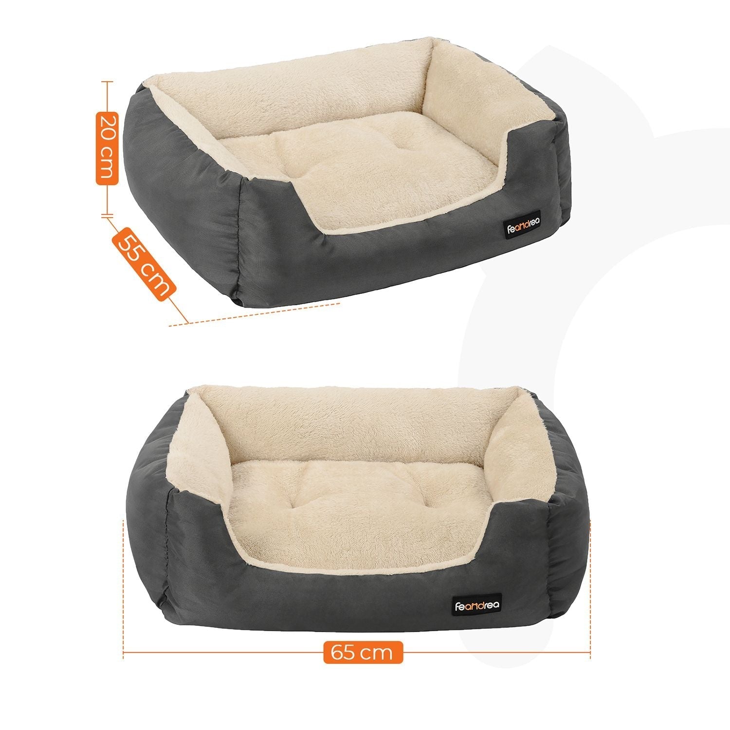 Hundbädd - 65 x 55 x 20 cm - med reversibel kudde - grå