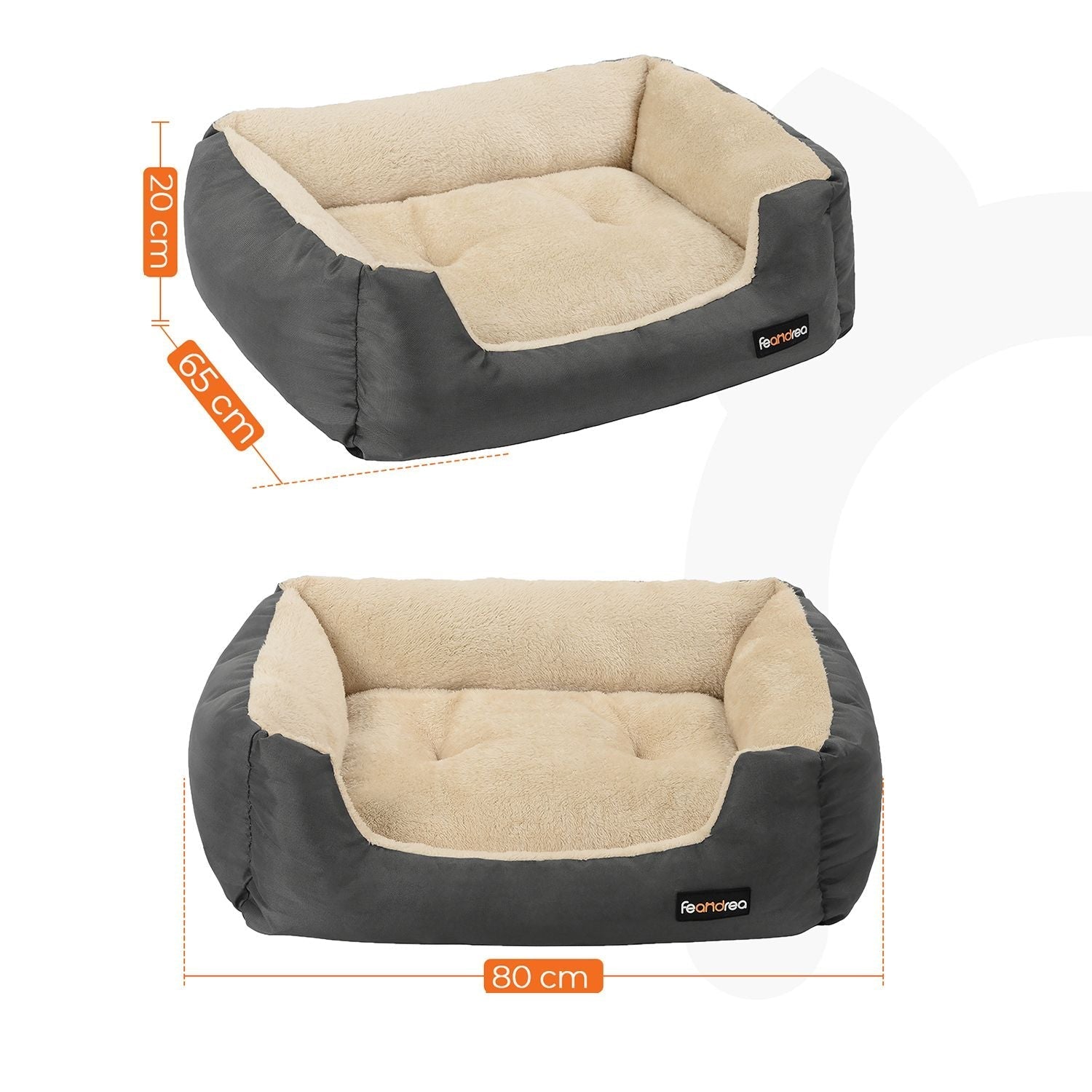 Hundbädd - 80 x 65 x 20 cm - med reversibel kudde - grå