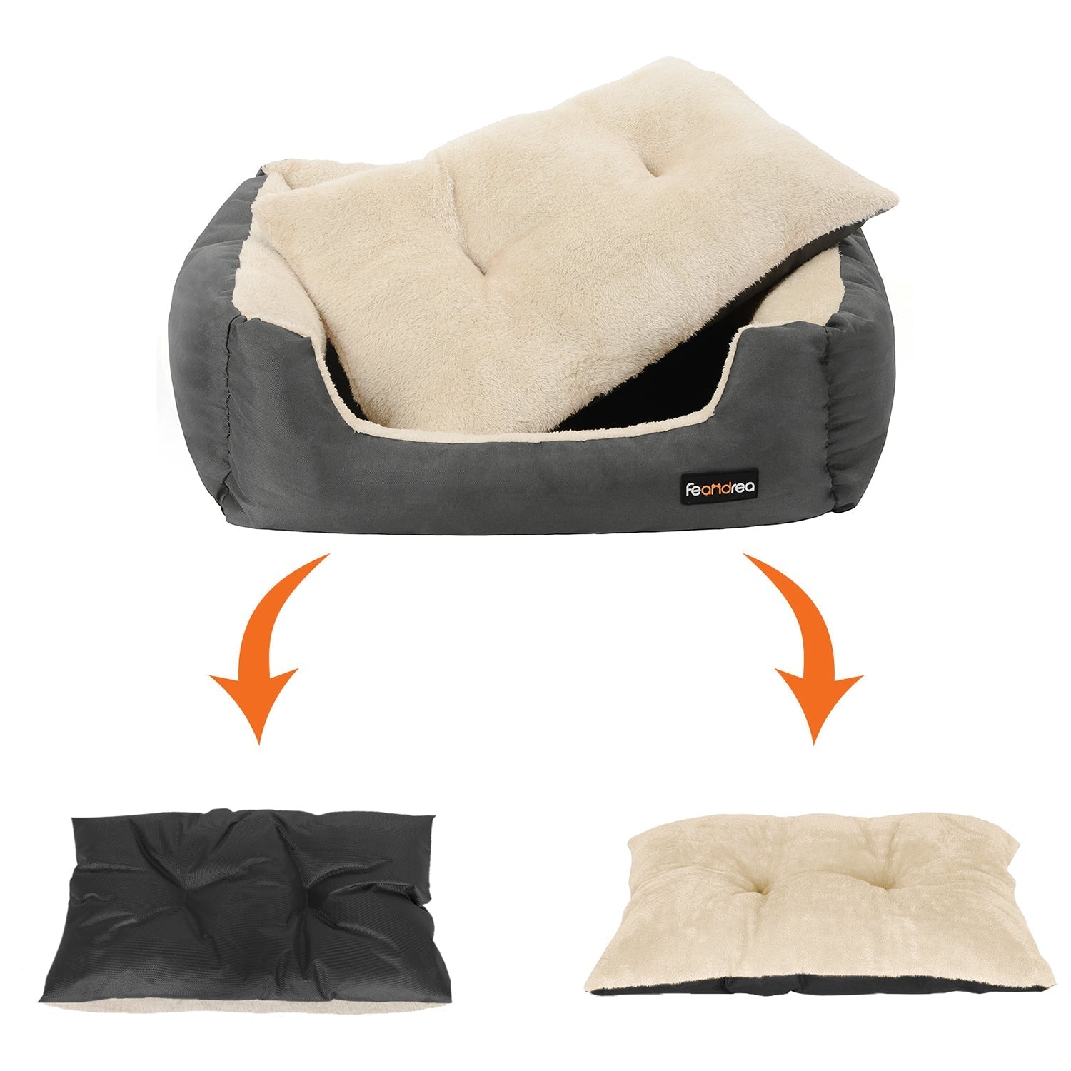 Hundbädd - 80 x 65 x 20 cm - med reversibel kudde - grå