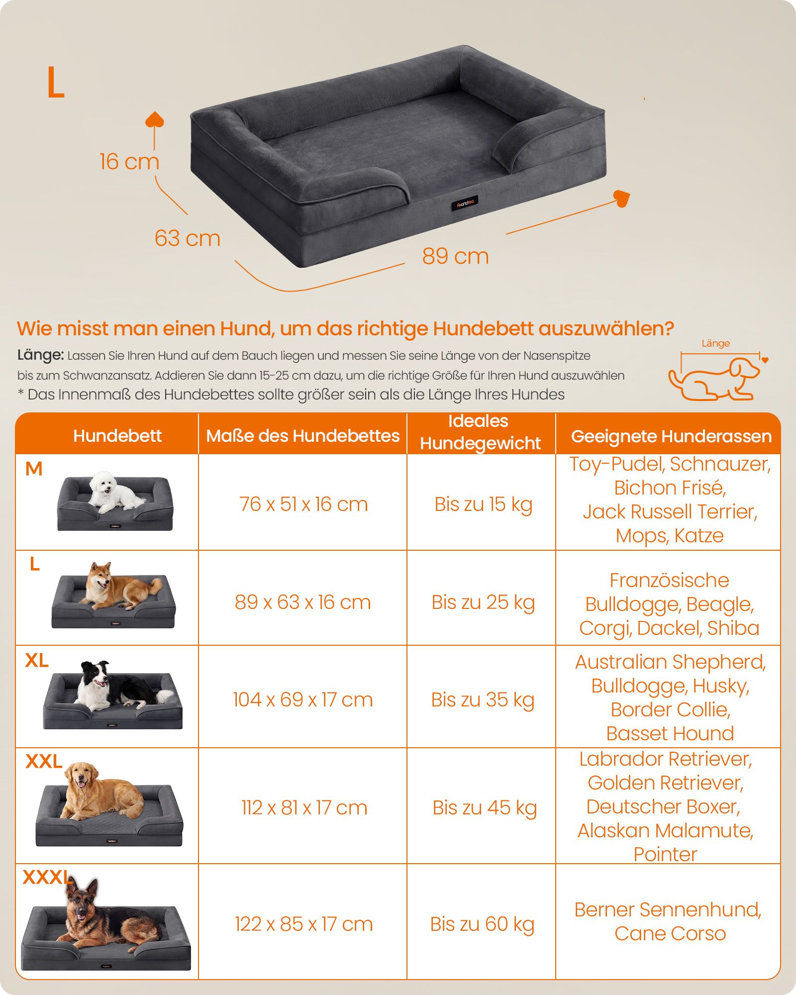 Hondenmand - Orthopedisch en Wasbaar - Met Verhoogde Randen - Leigrijs - 89 x 63 x 16 cm