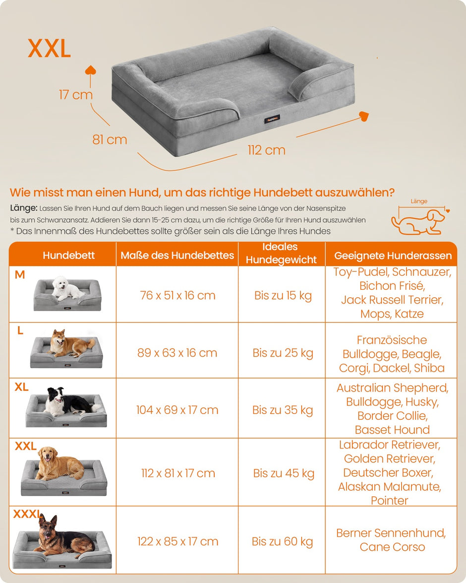 Orthopedisch Hondenbed - 112 x 81 cm - Verhoogde Rand - Wasbare Hoes - Grijs