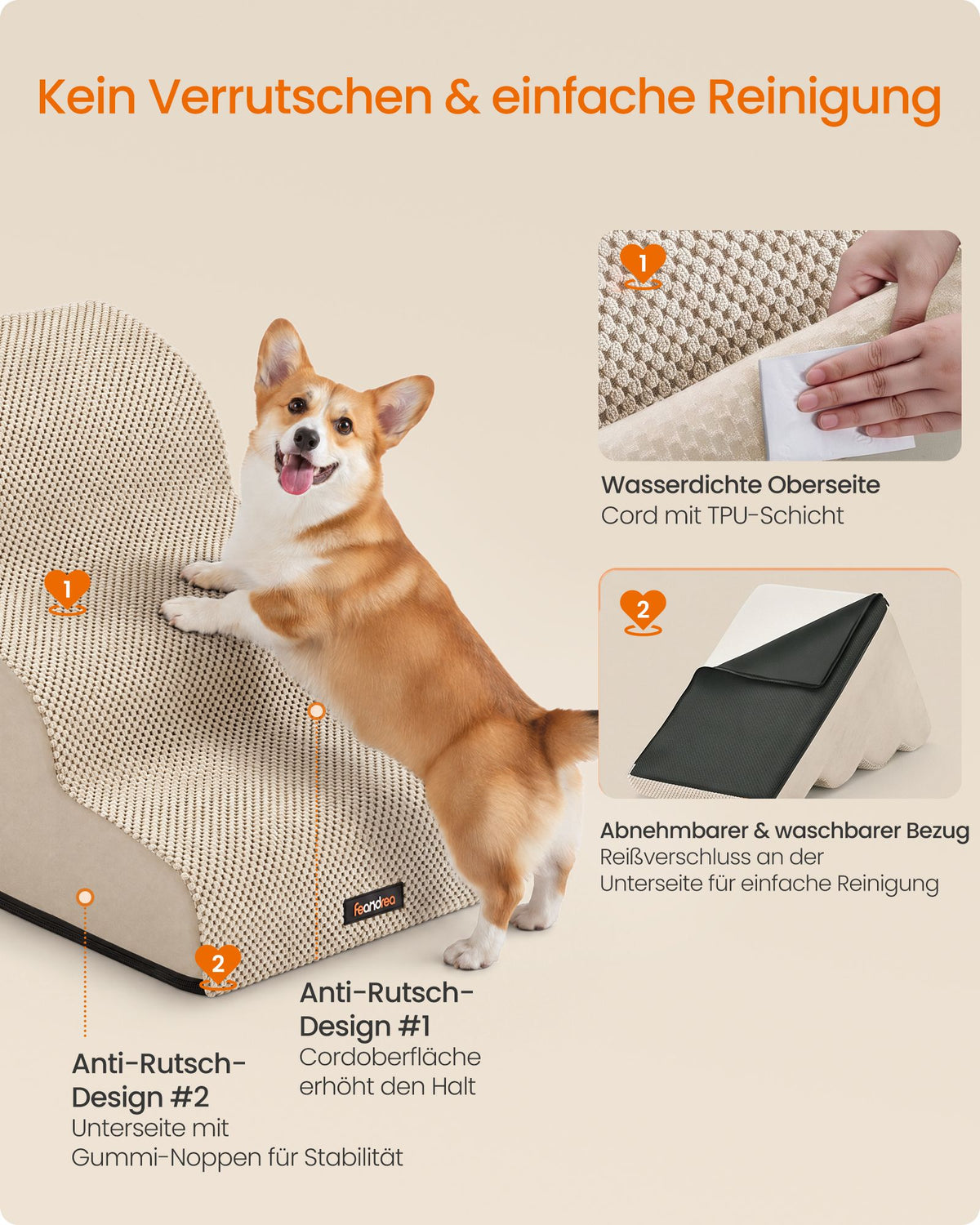 Hondentrap – 3 Treden – Ribstof – Waterdicht en Antislip – Afneembare Hoes – Beige