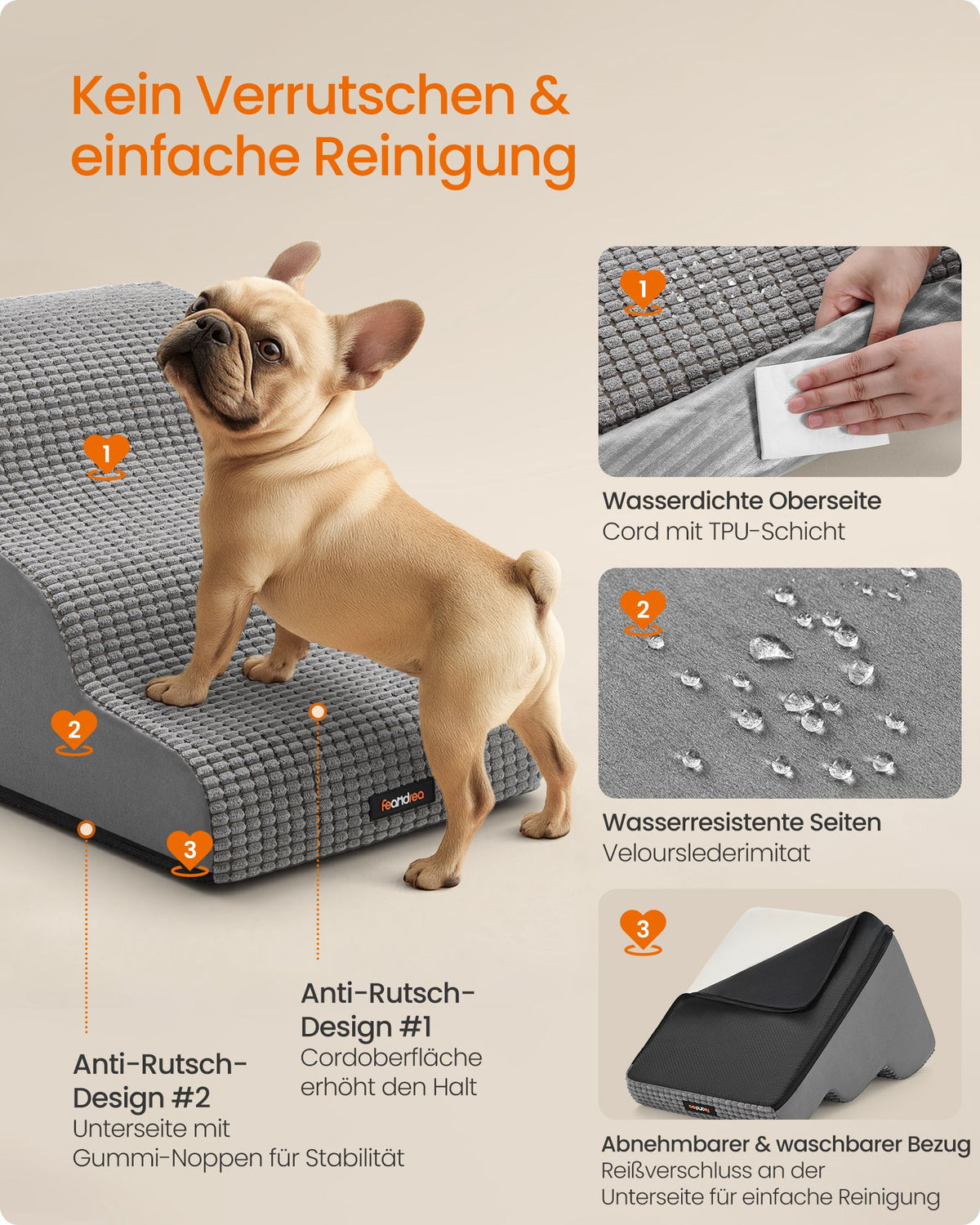 Hondentrap – 3 Treden – Schuim – Waterdicht en Antislip – Duifgrijs