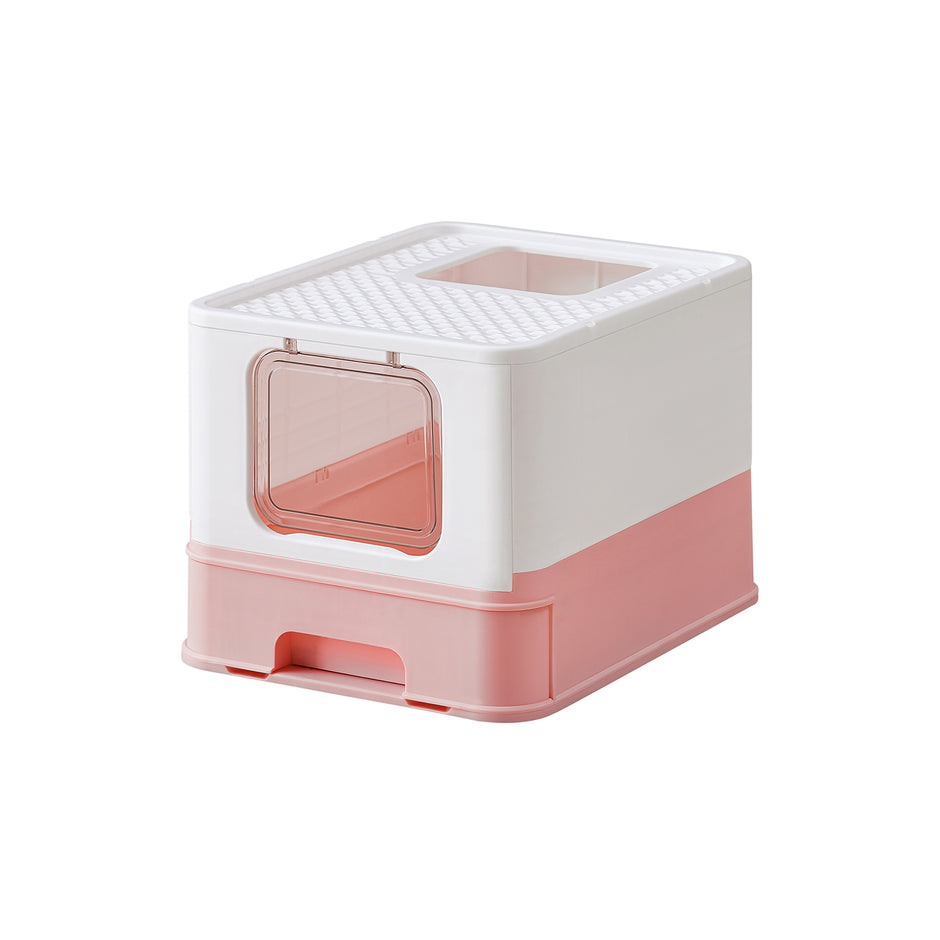Kattlåda med lock och skopa, rymlig vit-pastellrosa