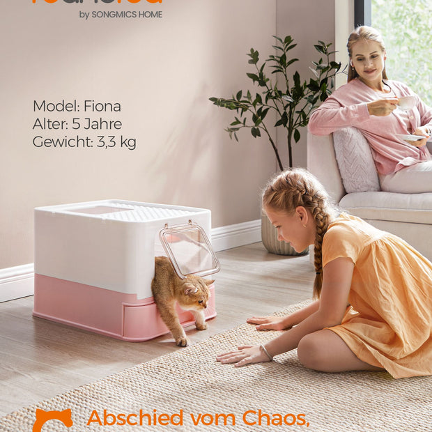 Kattlåda med lock och skopa, rymlig vit-pastellrosa